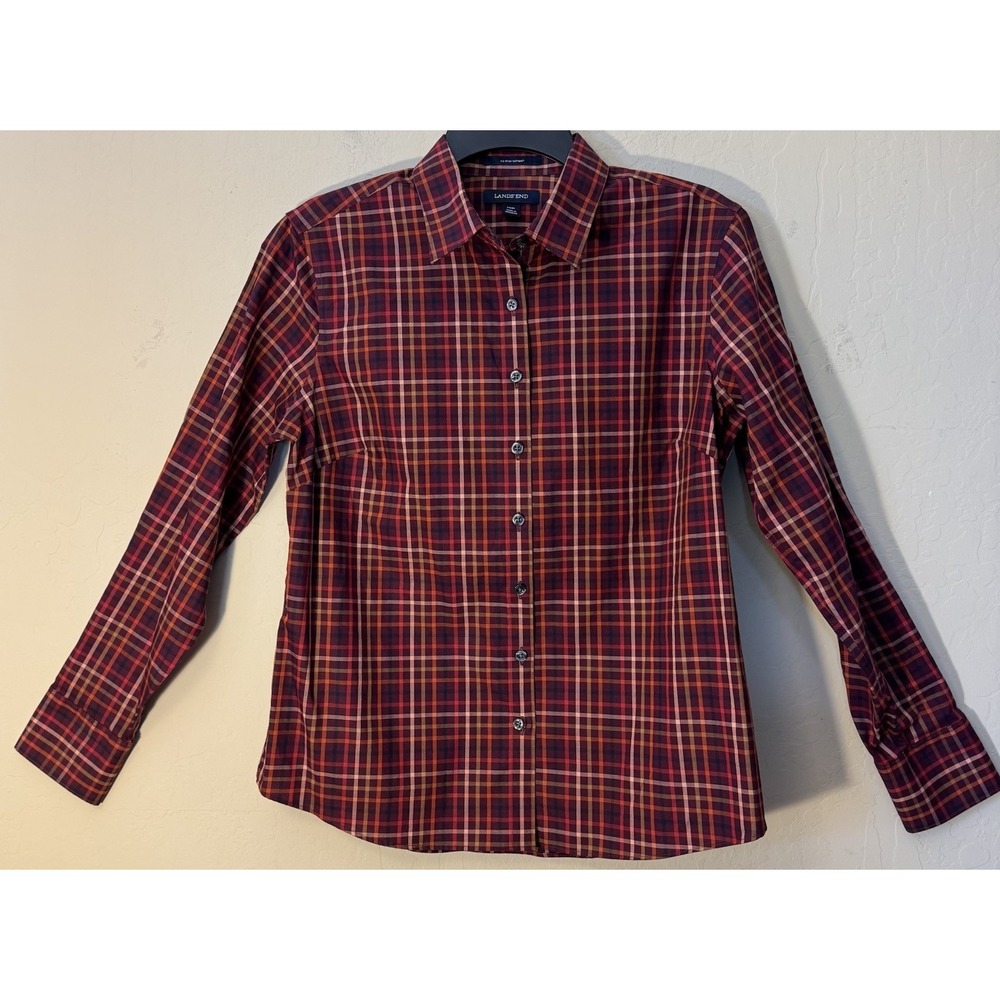 LANDS' END No Iron Supima Shirt Women 10P LS Burgandy Plaid Button Front